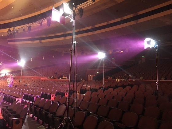 Theatre seats and an overhead lighting rig